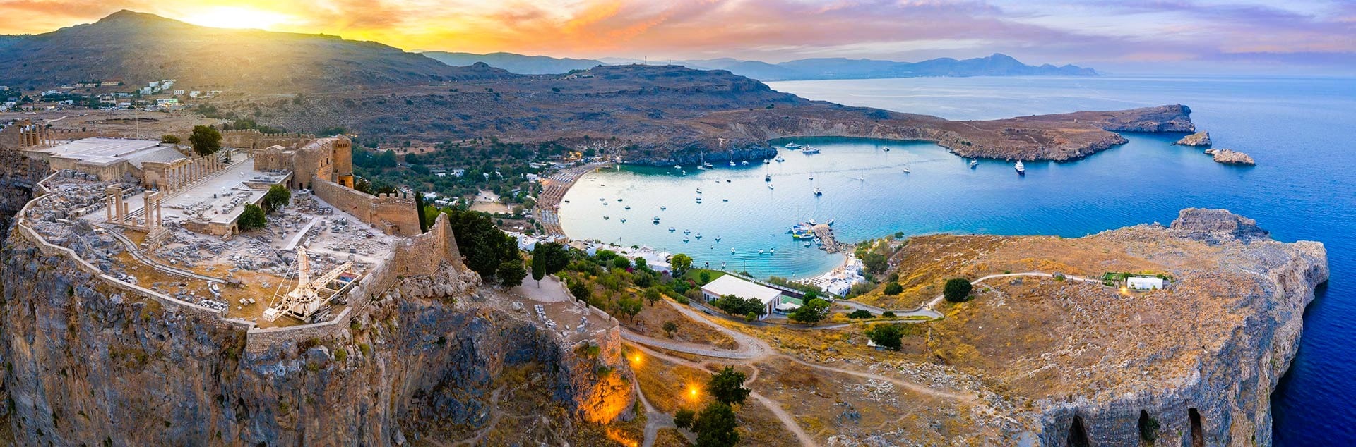 Panoramic view of Lindos village and Acropolis, Rhodes, Greece