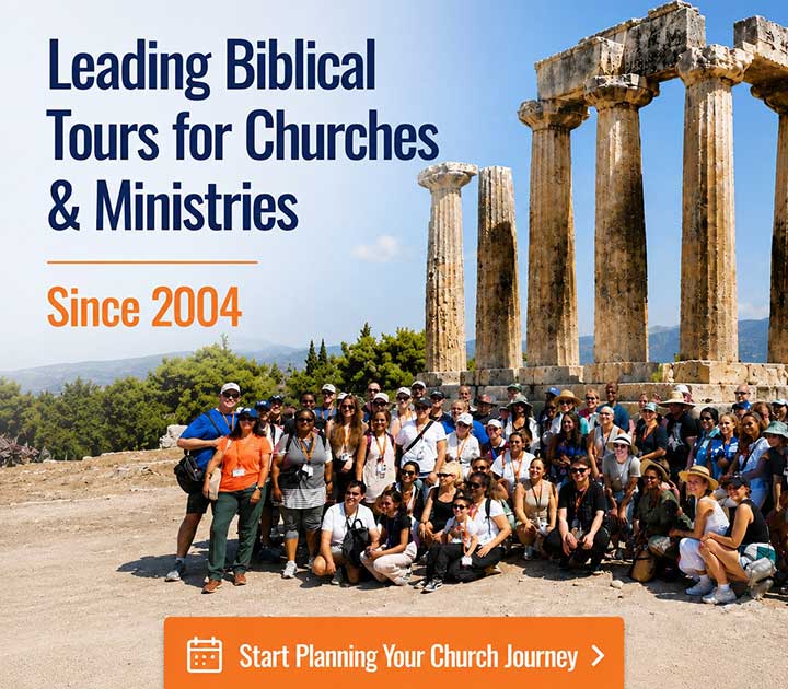 Church group visiting ancient Corinth in Greece during a Biblical tour with America Greece Tours®