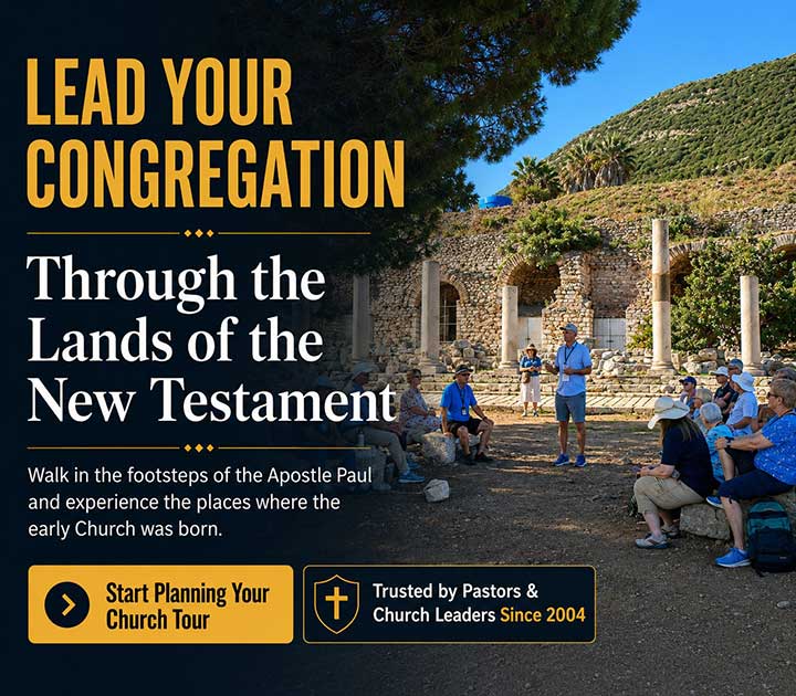 Church group exploring ancient Corinth during a Biblical tour to Greece with America Greece Tours®